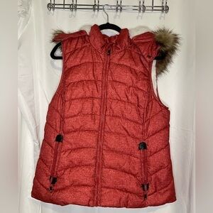 Green Tea/ Puffer Vest Women's XL Red Orange Lined Detachable Hood​​​​​​​​​​